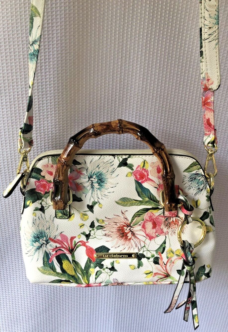 Liz Claiborne Floral Satchel Purse Faux Bamboo Handle Detachable crossbody Strap